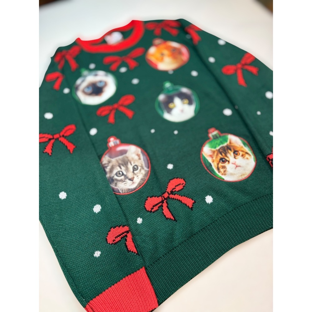 Party Sweater Dec 25th‎ Green Cat Ornament Christmas Sweater Womens 2XL Ribbed
